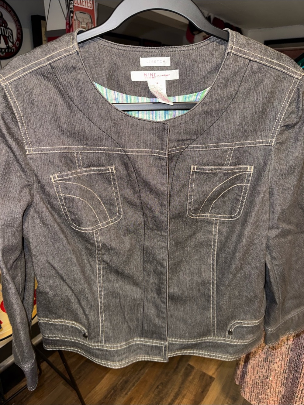 Nine West Nine & Company Size 14 Gray Stretch Denim Jacket Contrast Stitching